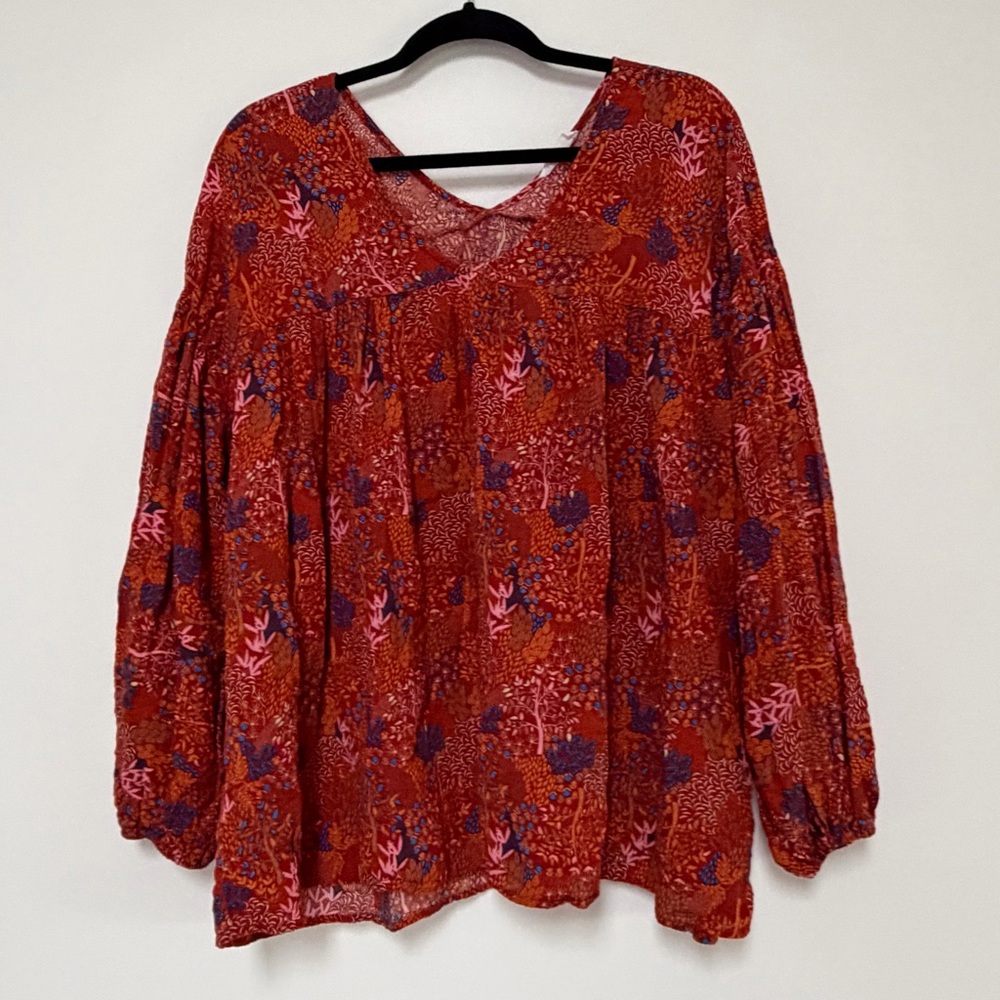 Bucketlist Floral Babydoll Rust Color Boho Top Large